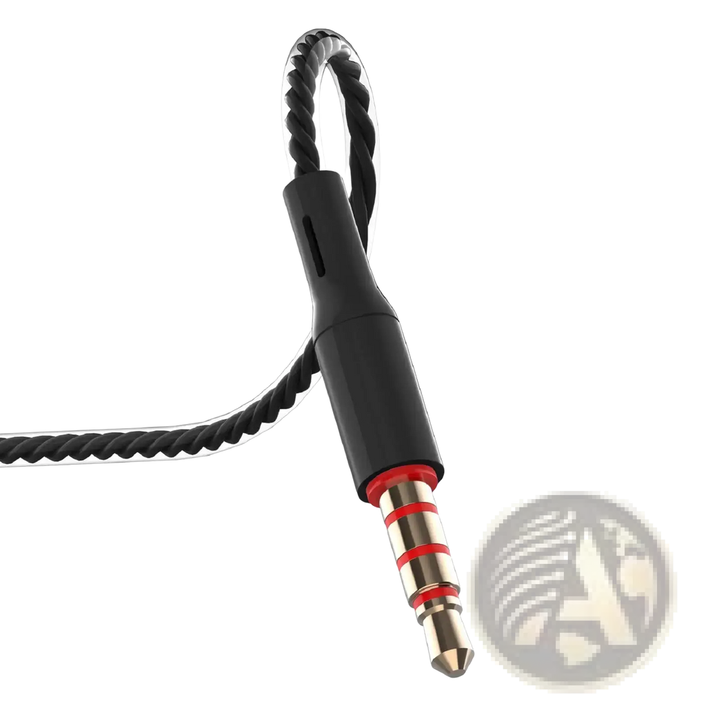 Black braided 3.5mm wired in ear headphones with microphone featuring gold-plated plug and red accent rings