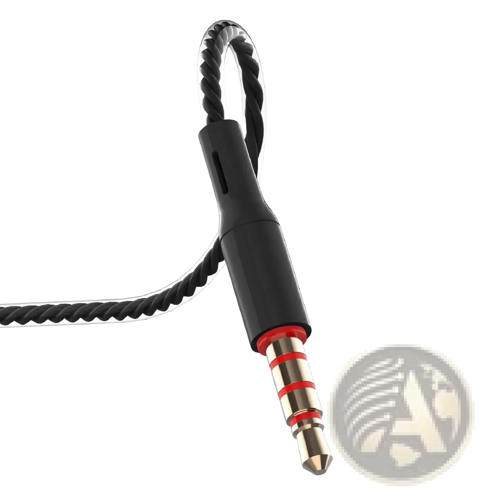 Black braided 3.5mm wired in ear headphones with microphone featuring gold-plated plug and red accent rings