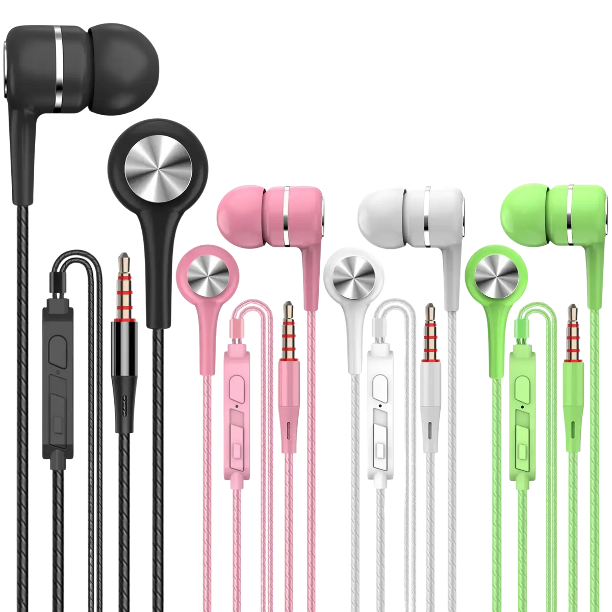 3.5mm wired in ear headphones with microphone featuring black pink white and green colors with silver metallic accents