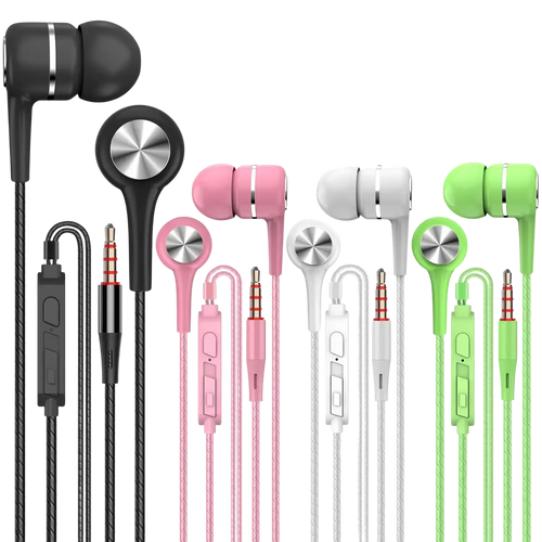 3.5mm wired in ear headphones with microphone featuring black pink white and green colors with silver metallic accents