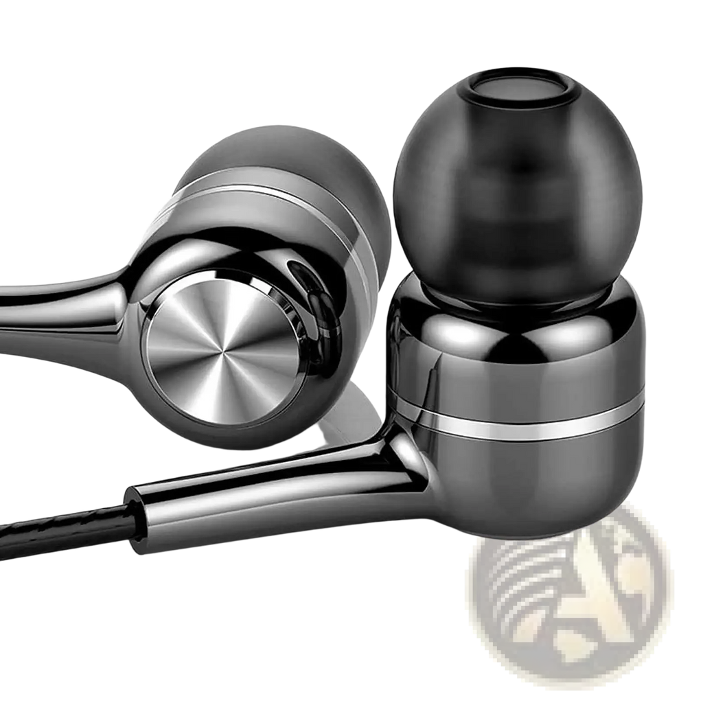 Black and silver inlayed 3.5mm wired in ear headphones with microphone featuring a sleek metallic finish