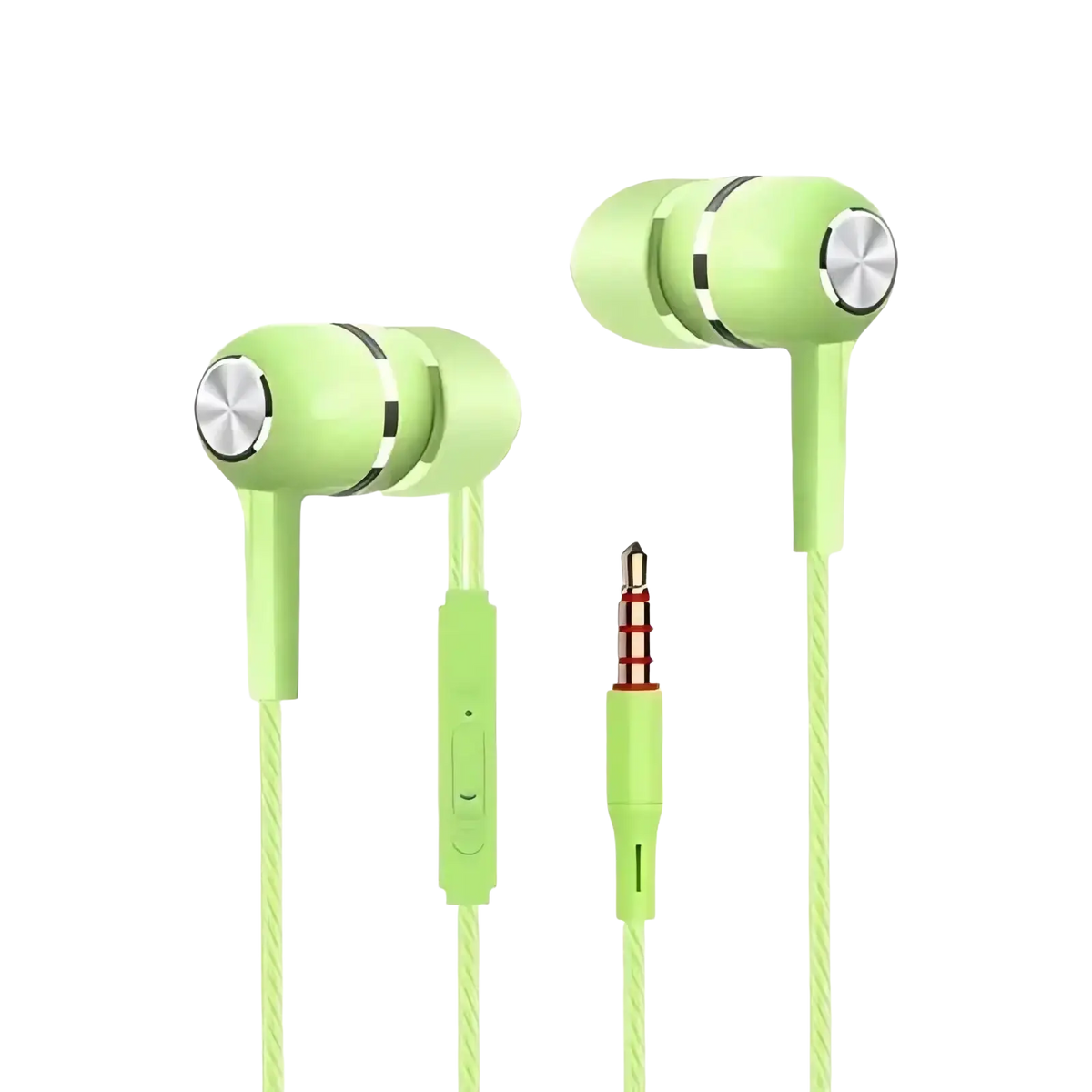 Lime green 3.5mm wired in ear headphones with microphone featuring silver metallic controls and braided durable cable