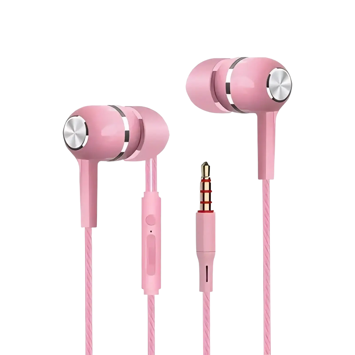 Pink 3.5mm wired in ear headphones with microphone featuring silver metallic accents and textured grip cables