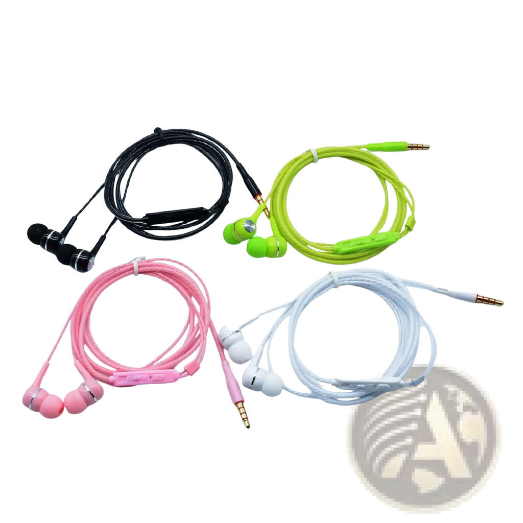 Set of four 3.5mm wired in ear headphones with microphone in black neon green pink and white with matching cables and inline controls