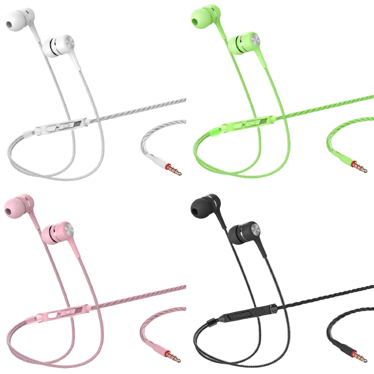 3.5mm wired in ear headphones with microphone in white green pink and black featuring braided cables and inline control module