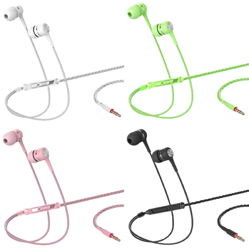 3.5mm wired in ear headphones with microphone in white green pink and black featuring braided cables and inline control module