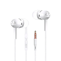 White 3.5mm wired in ear headphones with silver metallic accents and inline control for volume and track skipping
