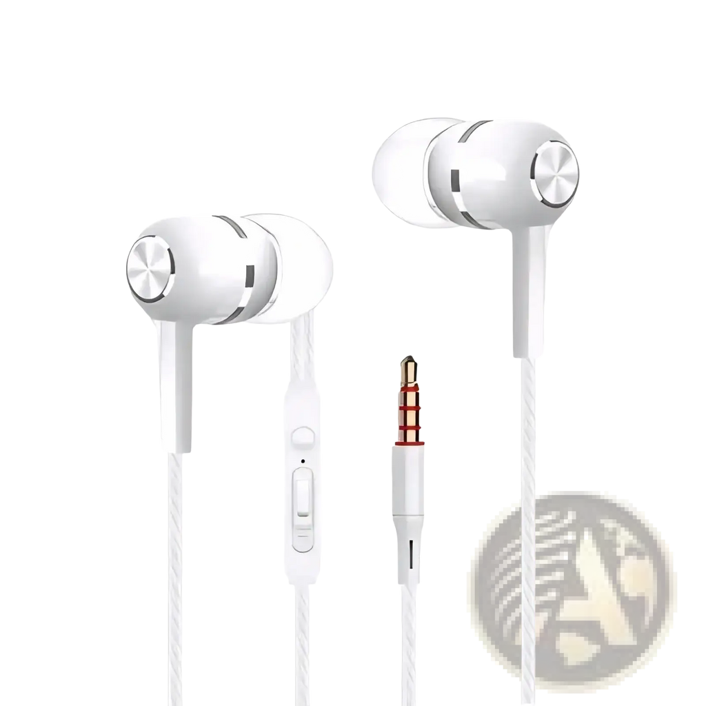 White 3.5mm wired in ear headphones with silver metallic accents and inline control for volume and track skipping