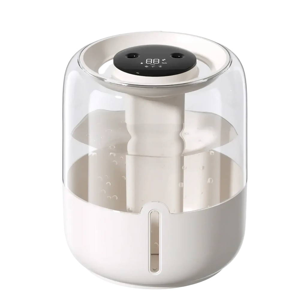 A sleek modern white 3.8l smart double mist air humidifier with transparent glass top and digital display
