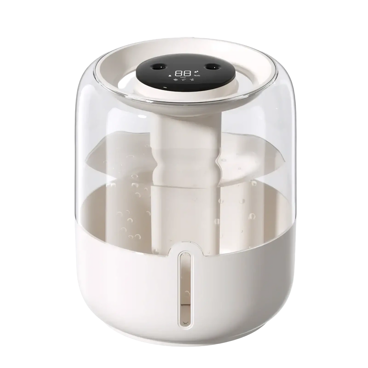 A sleek modern white 3.8l smart double mist air humidifier with transparent glass top and digital display