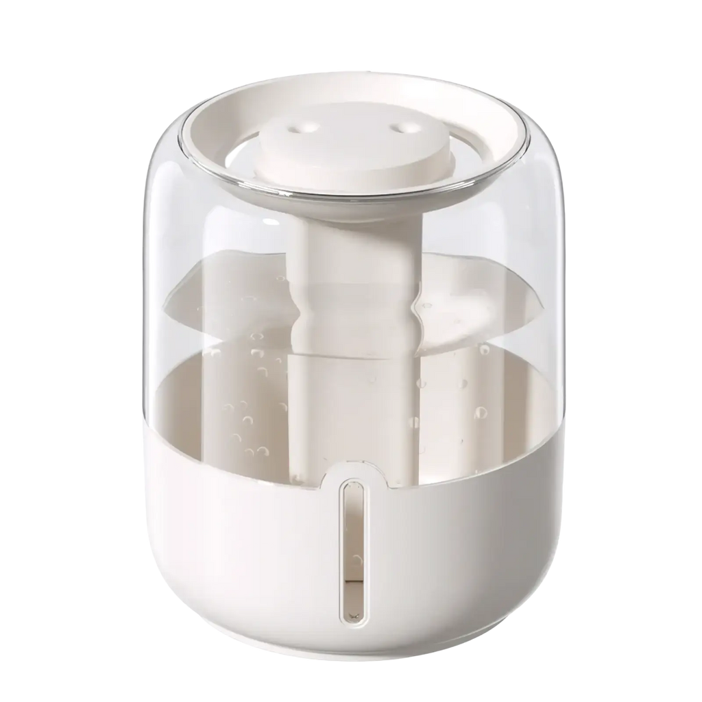 A sleek modern white 3.8l smart double mist air humidifier with a transparent glass top and minimalist design