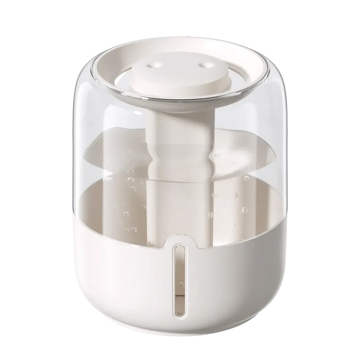 A sleek modern white 3.8l smart double mist air humidifier with a transparent glass top and minimalist design