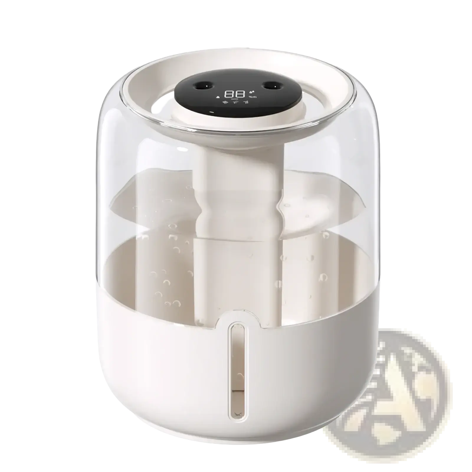 A sleek modern white 3.8l smart double mist air humidifier with transparent glass top and digital display