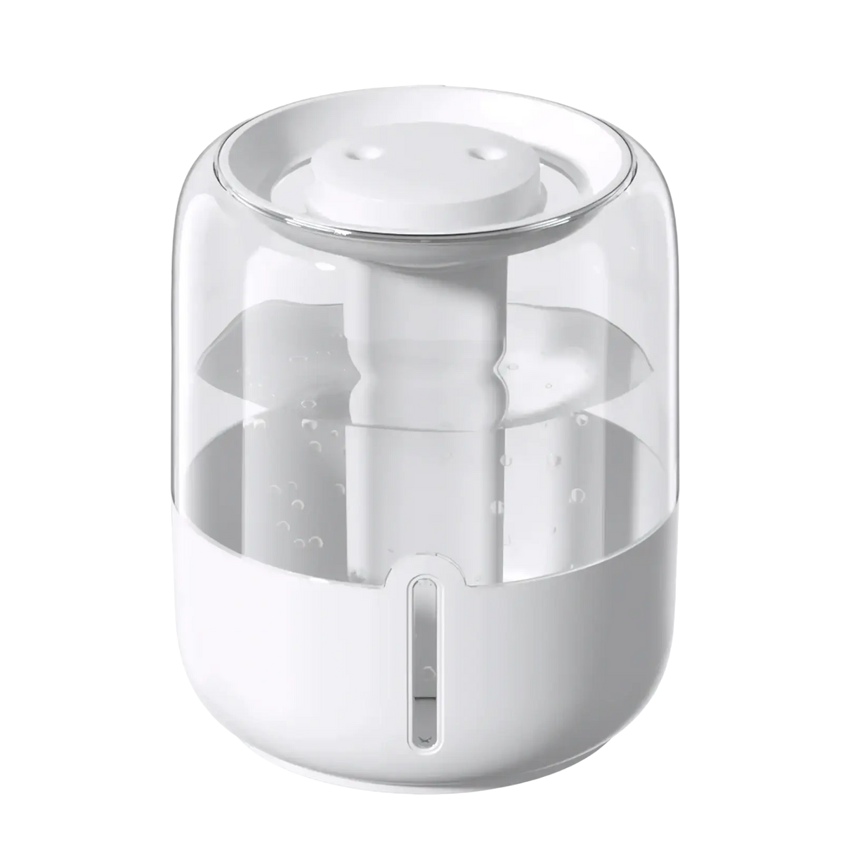 3.8l smart double mist air humidifier with white cylindrical plastic base and transparent glass body showing internal mist mechanism