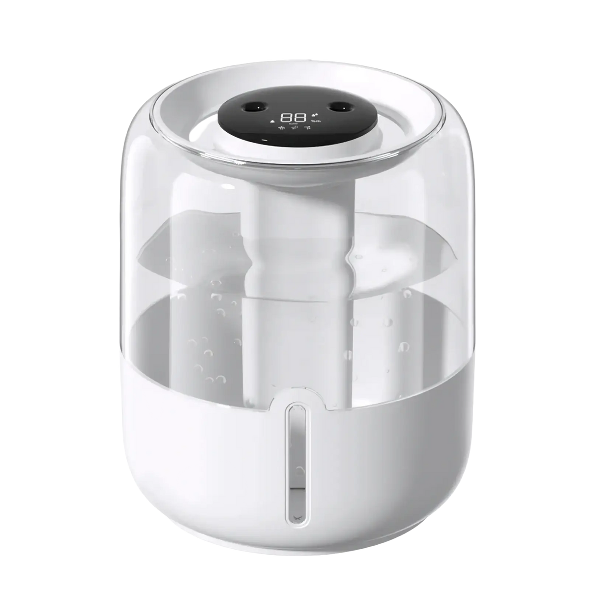 White cylindrical 3.8l smart double mist air humidifier with transparent water tank and digital display on top