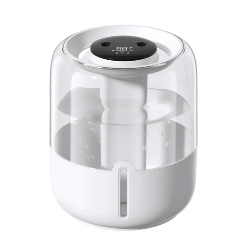 White cylindrical 3.8l smart double mist air humidifier with transparent water tank and digital display on top