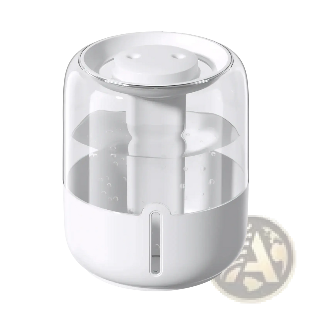 3.8l smart double mist air humidifier with white cylindrical plastic base and transparent glass body showing internal mist mechanism