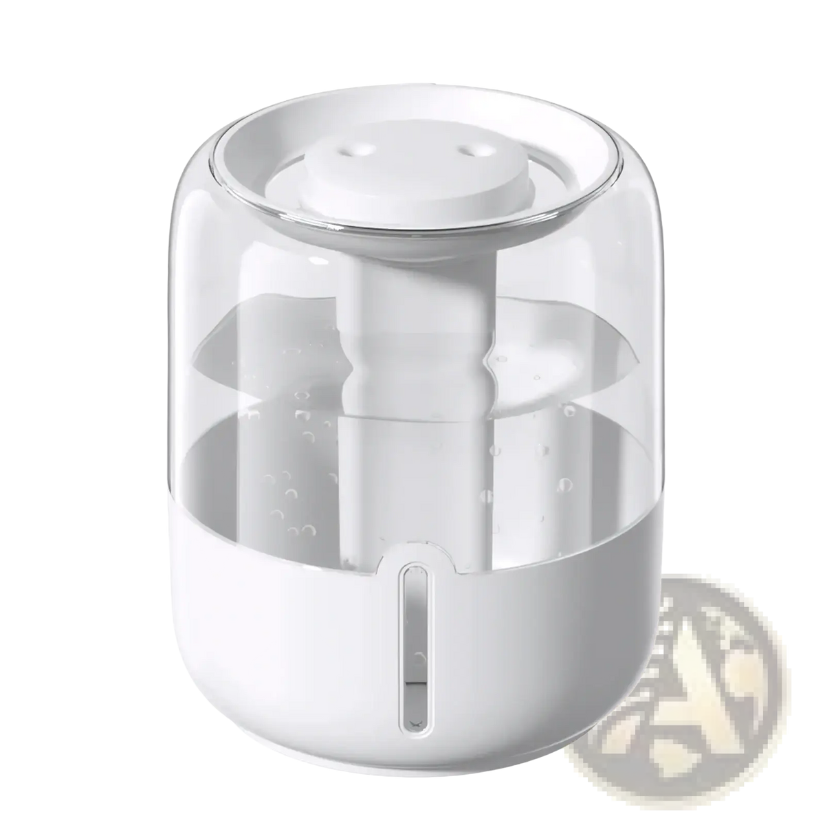 3.8l smart double mist air humidifier with white cylindrical plastic base and transparent glass body showing internal mist mechanism