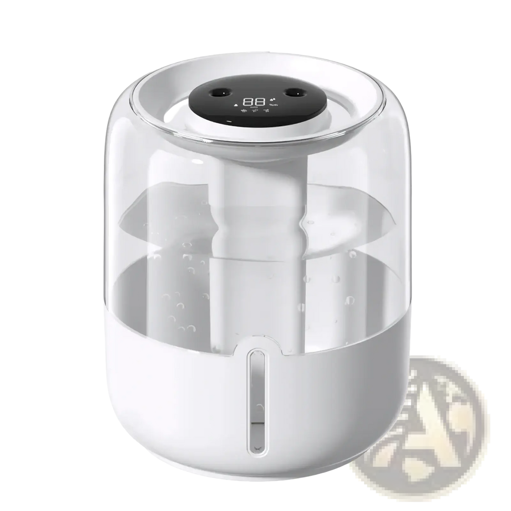 White cylindrical 3.8l smart double mist air humidifier with transparent water tank and digital display on top