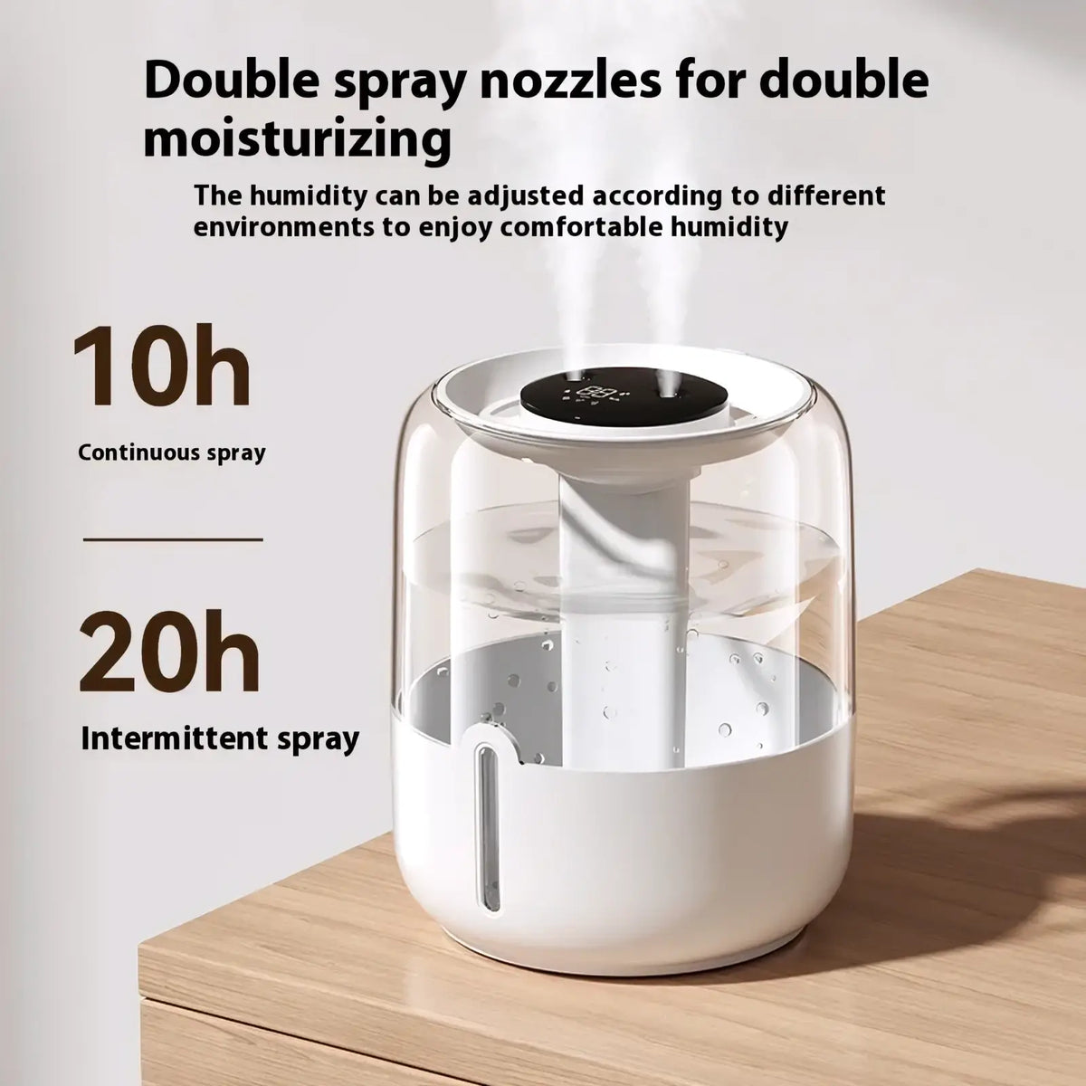 3.8l smart double mist air humidifier in white and transparent glass with dual spray nozzles for adjustable mist output