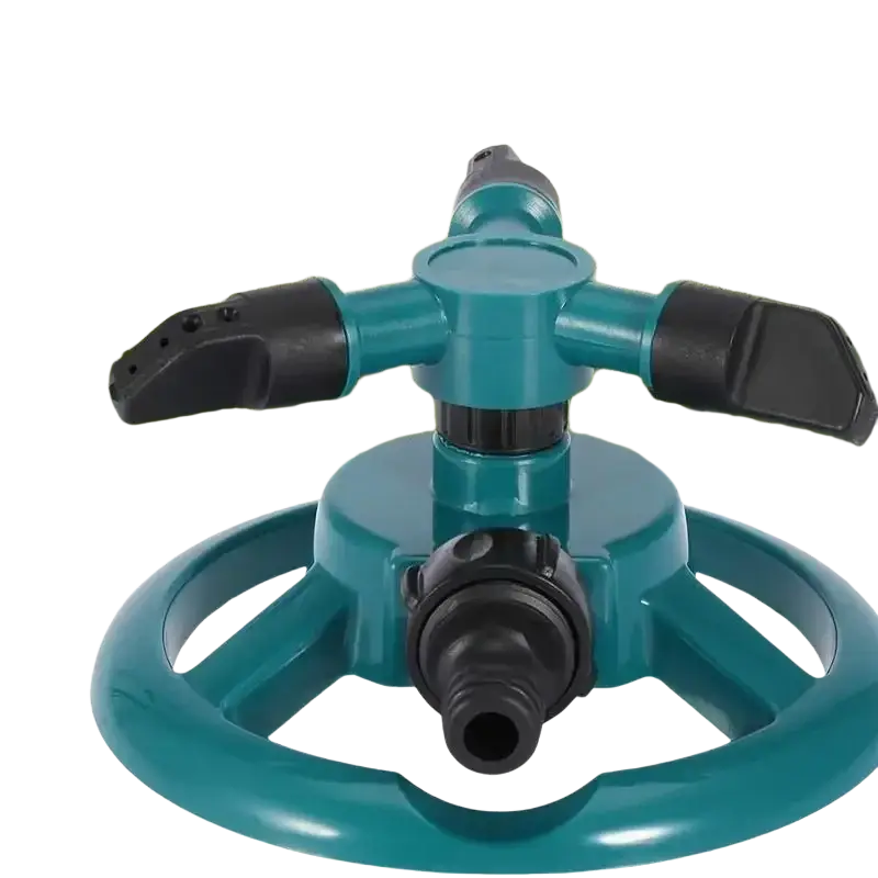 Teal and black plastic three arm rotating lawn sprinkler with adjustable spray nozzles for garden watering