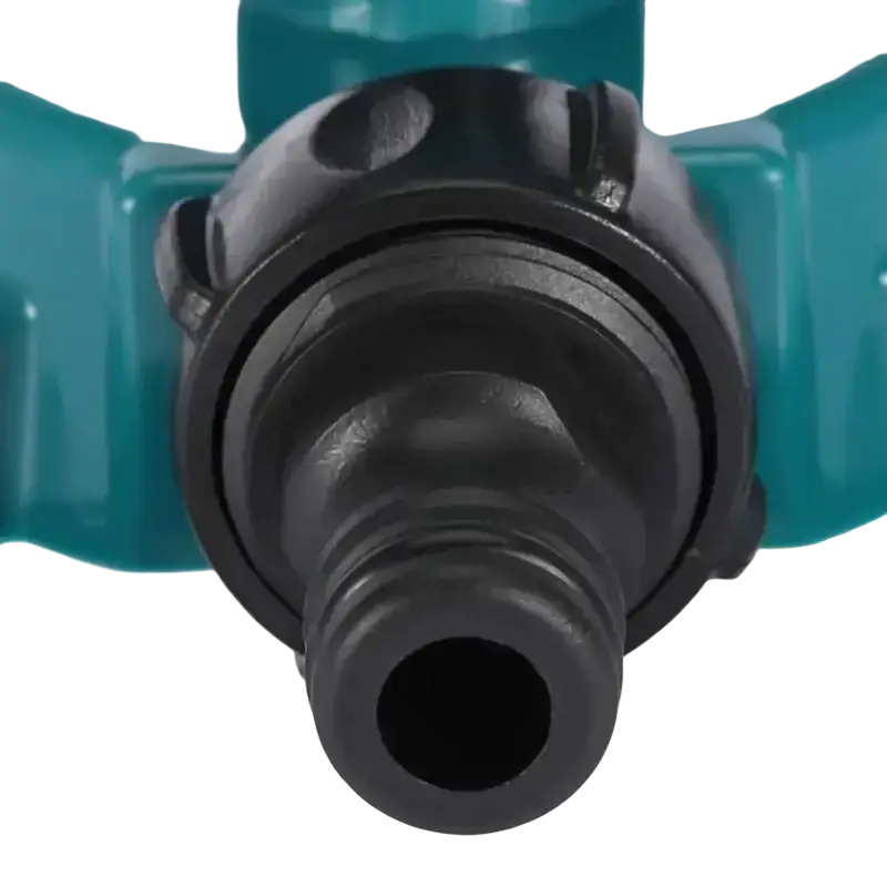 Black plastic hose connector with threaded end and ridged surface for 3 arm rotating lawn sprinkler teal