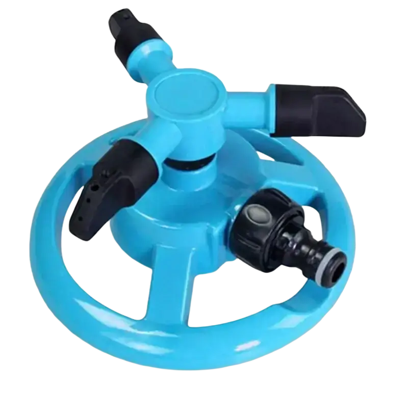 Bright blue plastic 3 arm rotating lawn sprinkler with black rubberized handles and central nozzle for garden watering