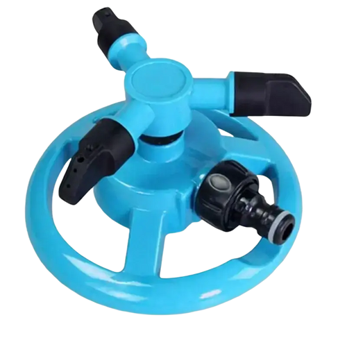 Bright blue plastic 3 arm rotating lawn sprinkler with black rubberized handles and central nozzle for garden watering