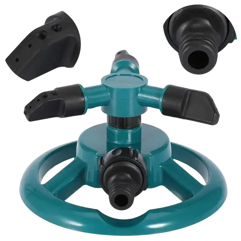 Teal plastic 3 arm rotating lawn sprinkler with black rubber nozzles and circular base for garden use