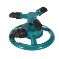 Teal plastic 3 arm rotating lawn sprinkler with black rubber nozzles and American inlet for garden use
