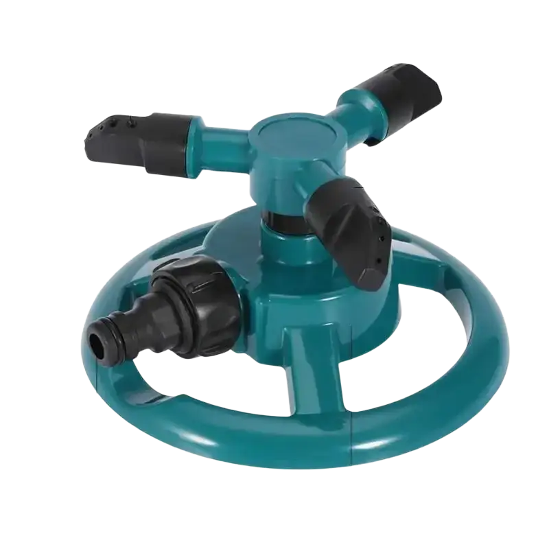 Teal plastic 3 arm rotating lawn sprinkler with black rubber nozzles and American inlet for garden use