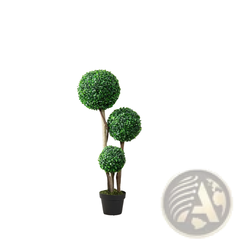 Three-tiered 3 ball boxwood topiary artificial tree with lush green foliage and dark brown trunk in black pot