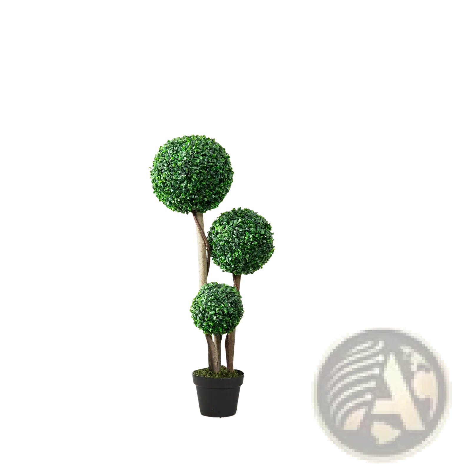 Three-tiered 3 ball boxwood topiary artificial tree with lush green foliage and dark brown trunk in black pot