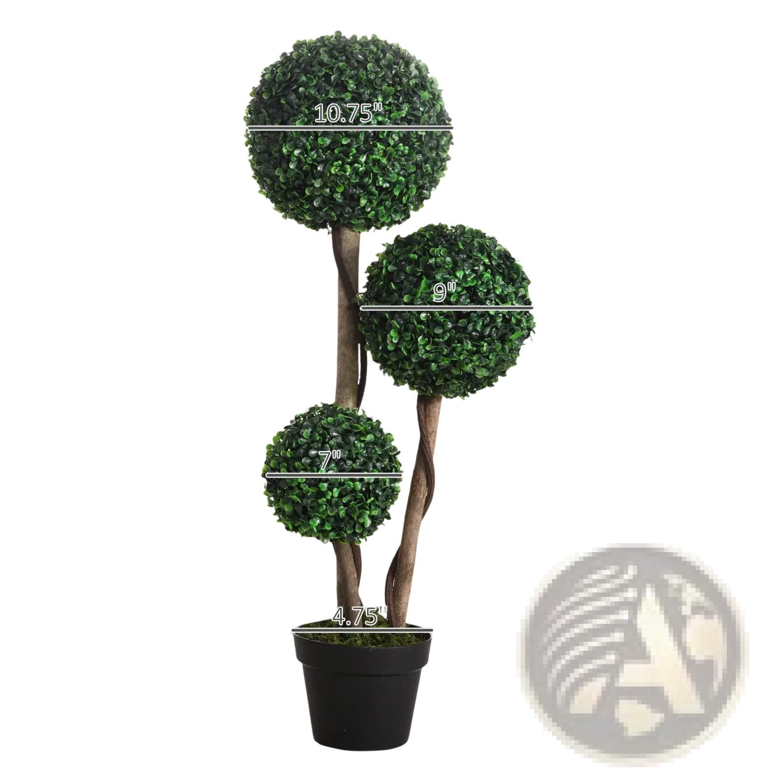 Three-tiered 3 ball boxwood topiary artificial tree with dark green spherical foliage and twisted brown stems in black pot