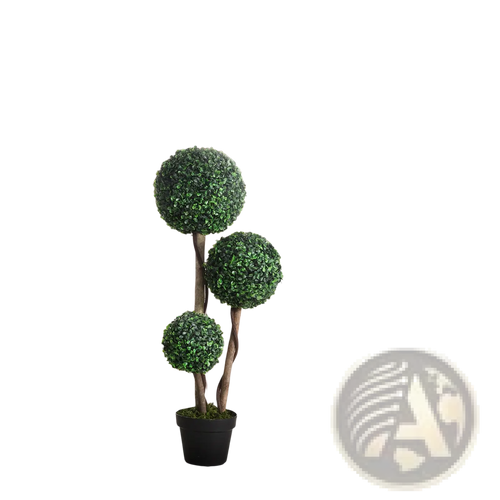 Three-tiered 3 ball boxwood topiary artificial tree with lush green foliage and twisted brown stems in a black pot