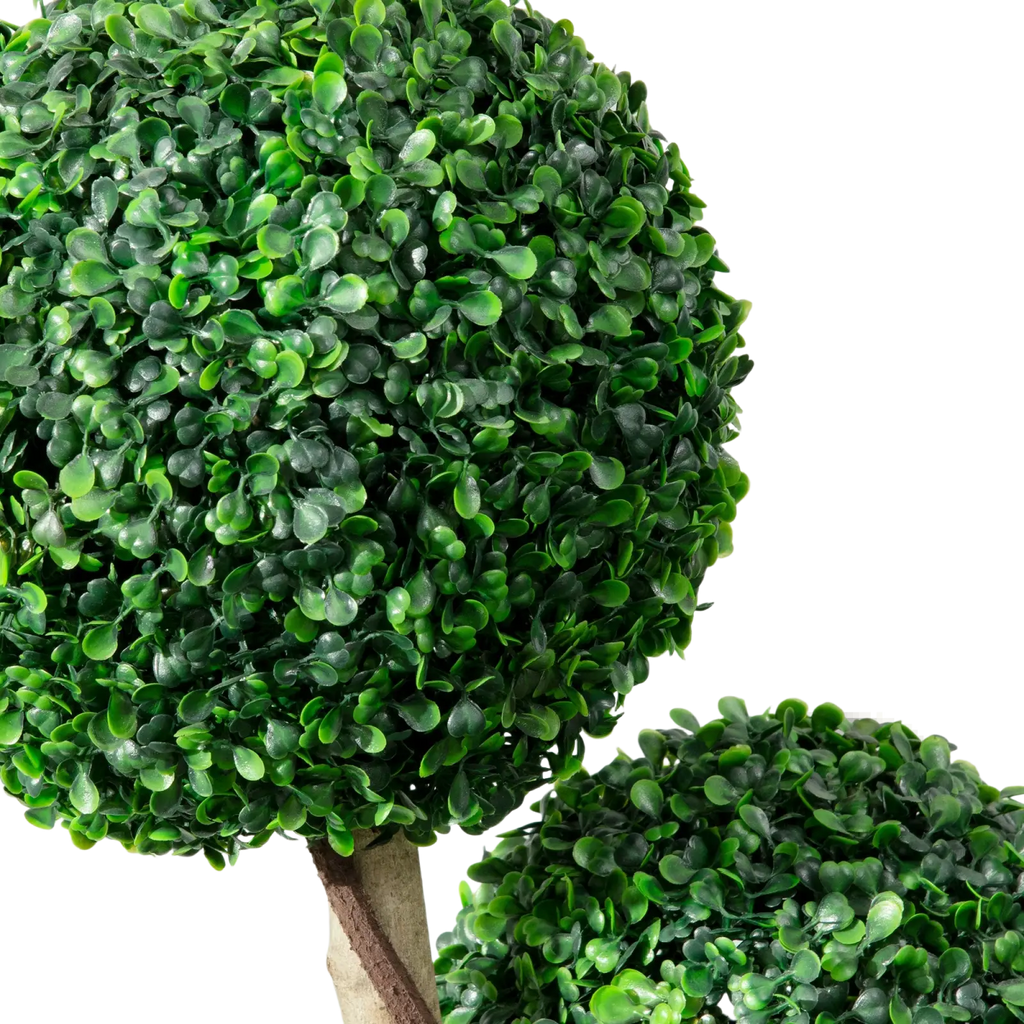 3 ball boxwood topiary artificial tree with lush spherical green plastic leaves and textured brown trunk in pot
