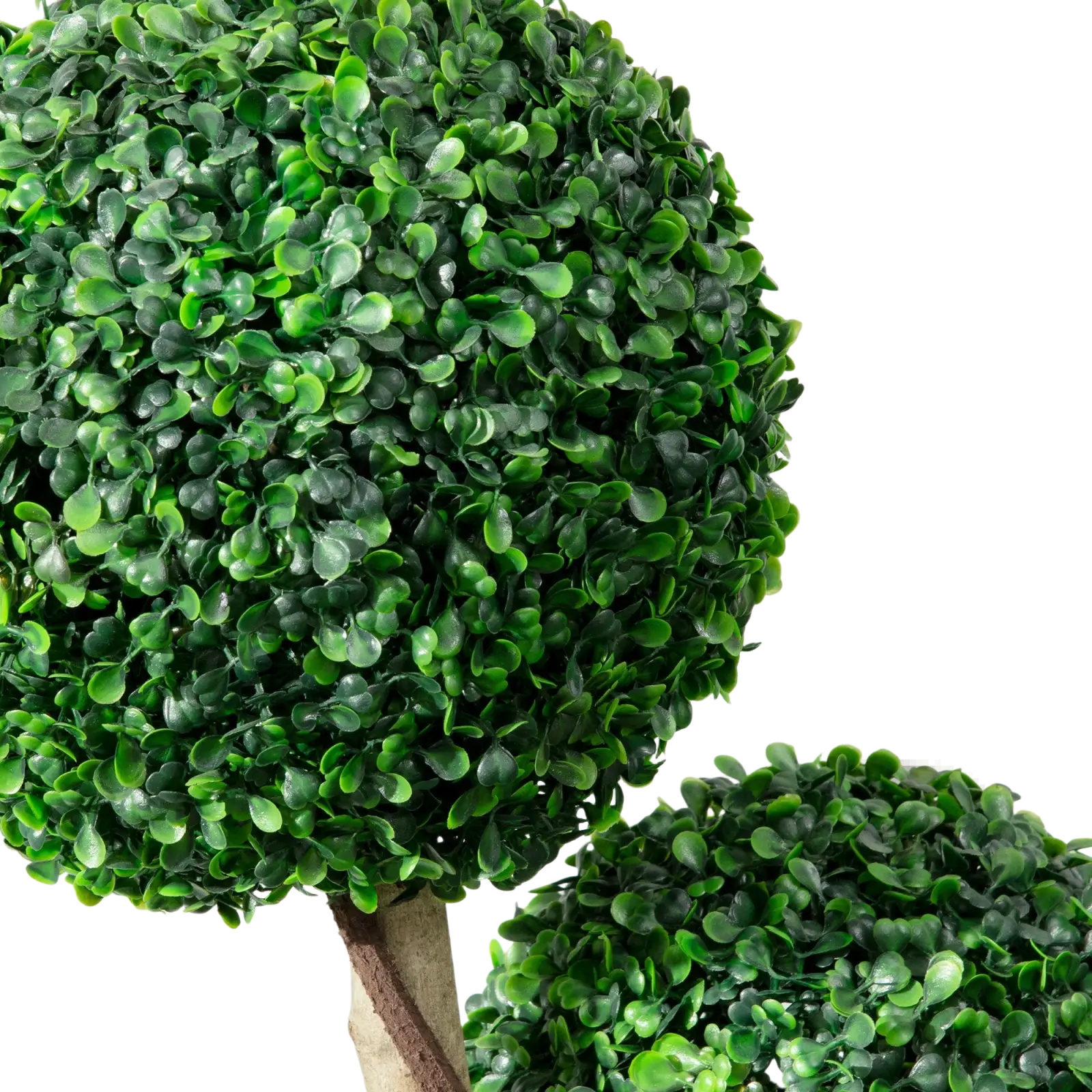 3 ball boxwood topiary artificial tree with lush spherical green plastic leaves and textured brown trunk in pot