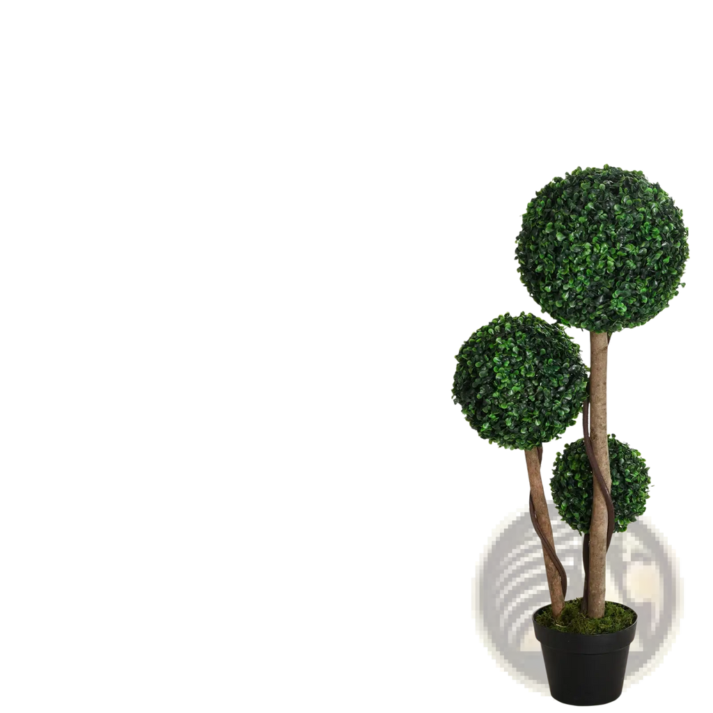 Artificial 3 ball boxwood topiary tree with three green foliage spheres on a twisted brown trunk in black pot
