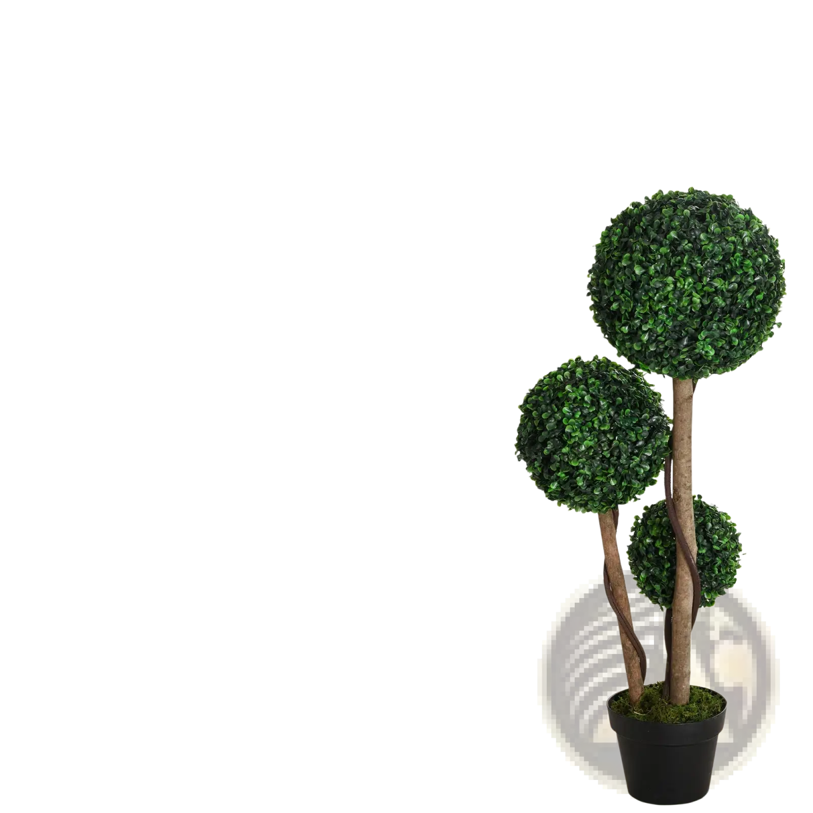 Artificial 3 ball boxwood topiary tree with three green foliage spheres on a twisted brown trunk in black pot