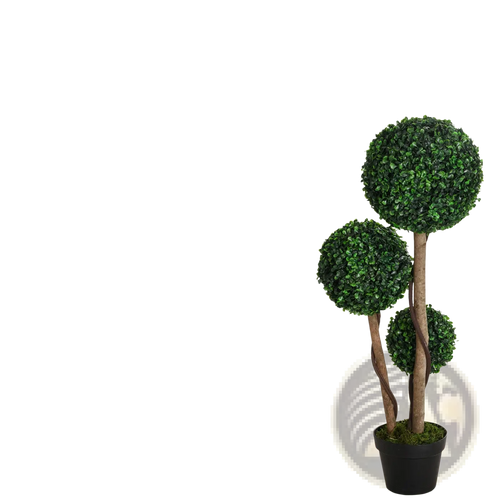 Artificial 3 ball boxwood topiary tree with three green foliage spheres on a twisted brown trunk in black pot