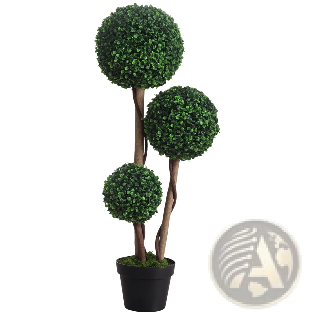 Artificial three-tiered 3 ball boxwood topiary tree with lush green foliage and twisted stems in black pot