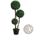 Artificial three-tiered 3 ball boxwood topiary tree with lush green foliage and twisted stems in black pot