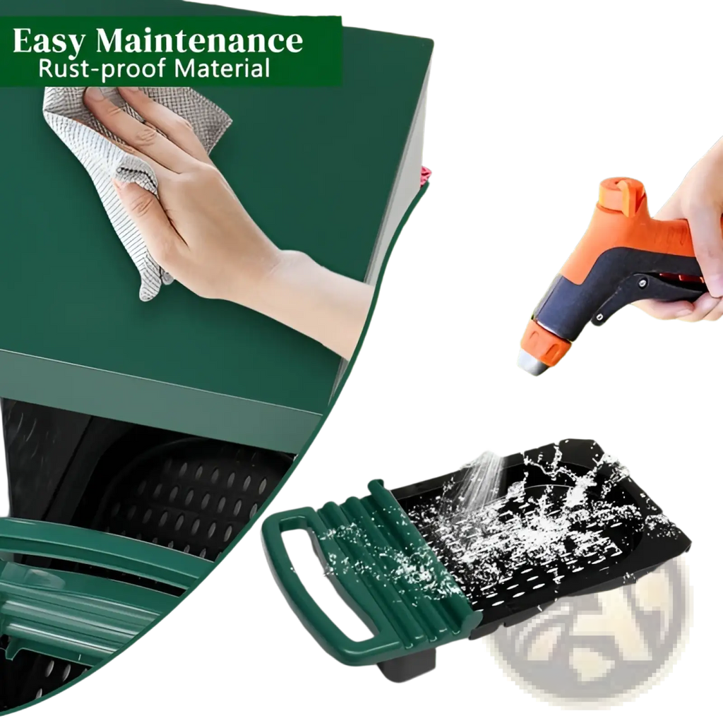 Green garden tool with orange and black alloy steel and pp plastic handle shown with 3 compartment chicken nesting box