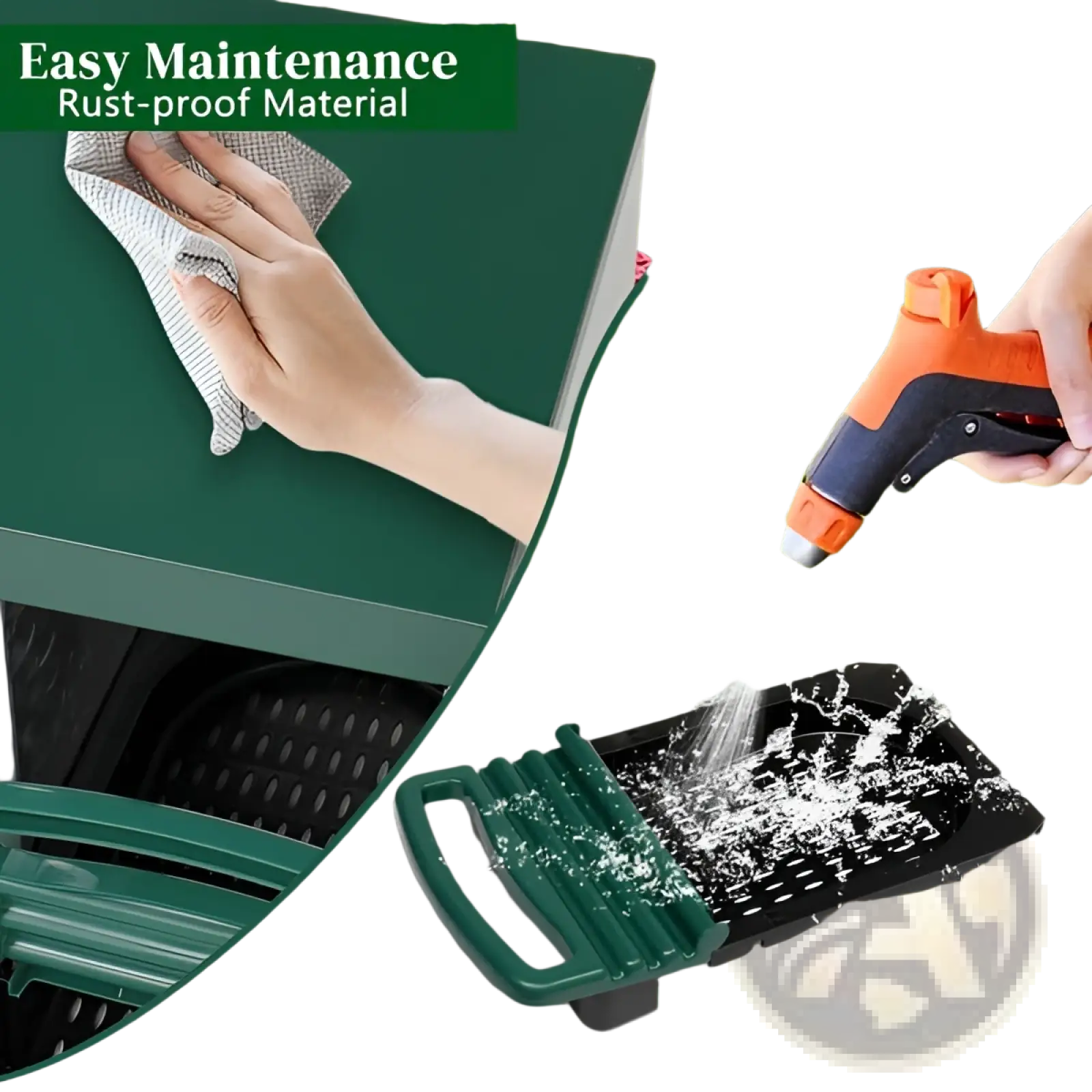 Green garden tool with orange and black alloy steel and pp plastic handle shown with 3 compartment chicken nesting box