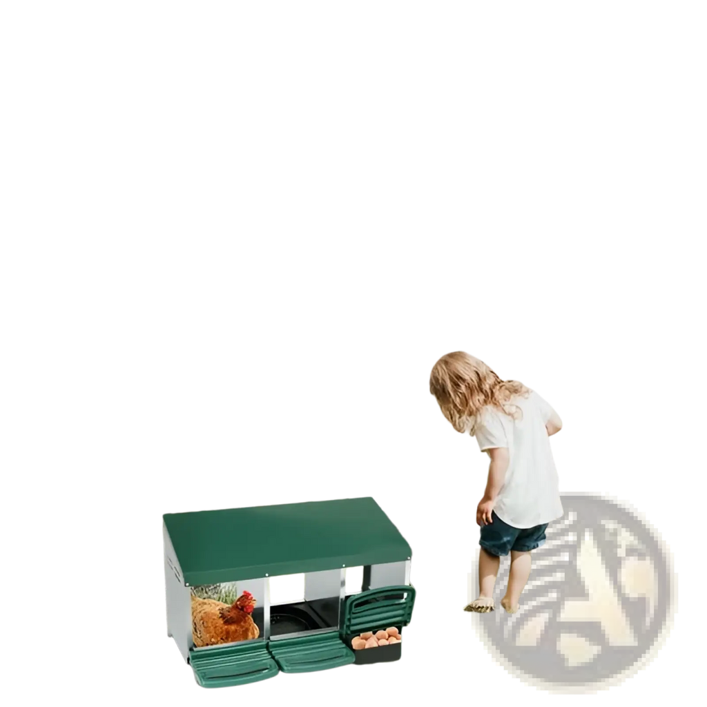 Green plastic chicken coop with slanted roof and open front door featuring 3 compartment nesting box and roll out trays