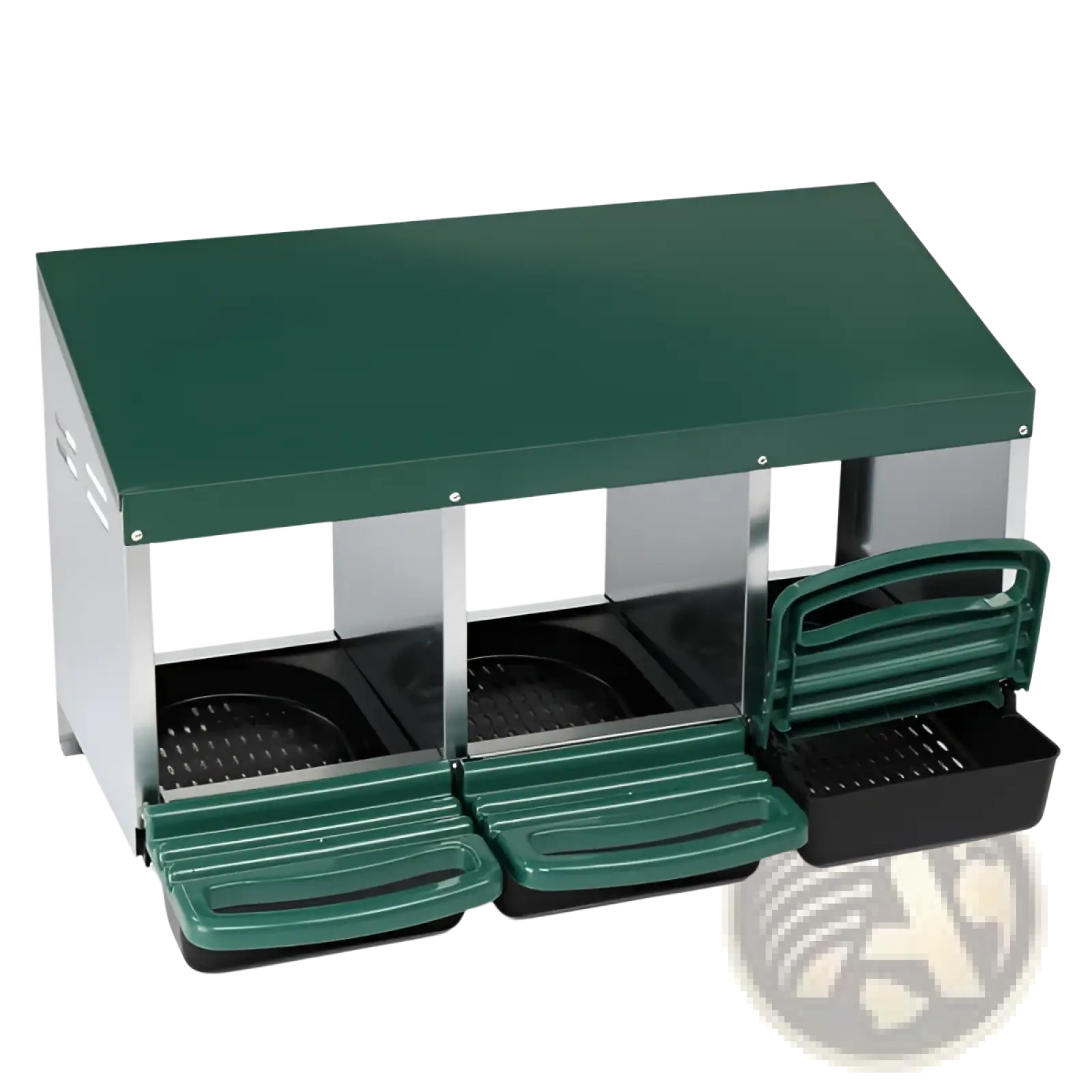 Green plastic and stainless steel 3 compartment chicken nesting box with hinged doors and roll out trays for easy access