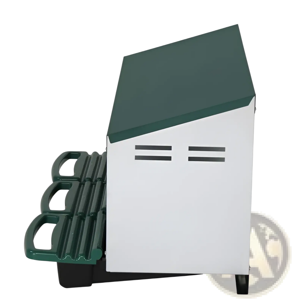 Green and white plastic 3 compartment chicken nesting box with roll out trays and three side handles for easy carrying