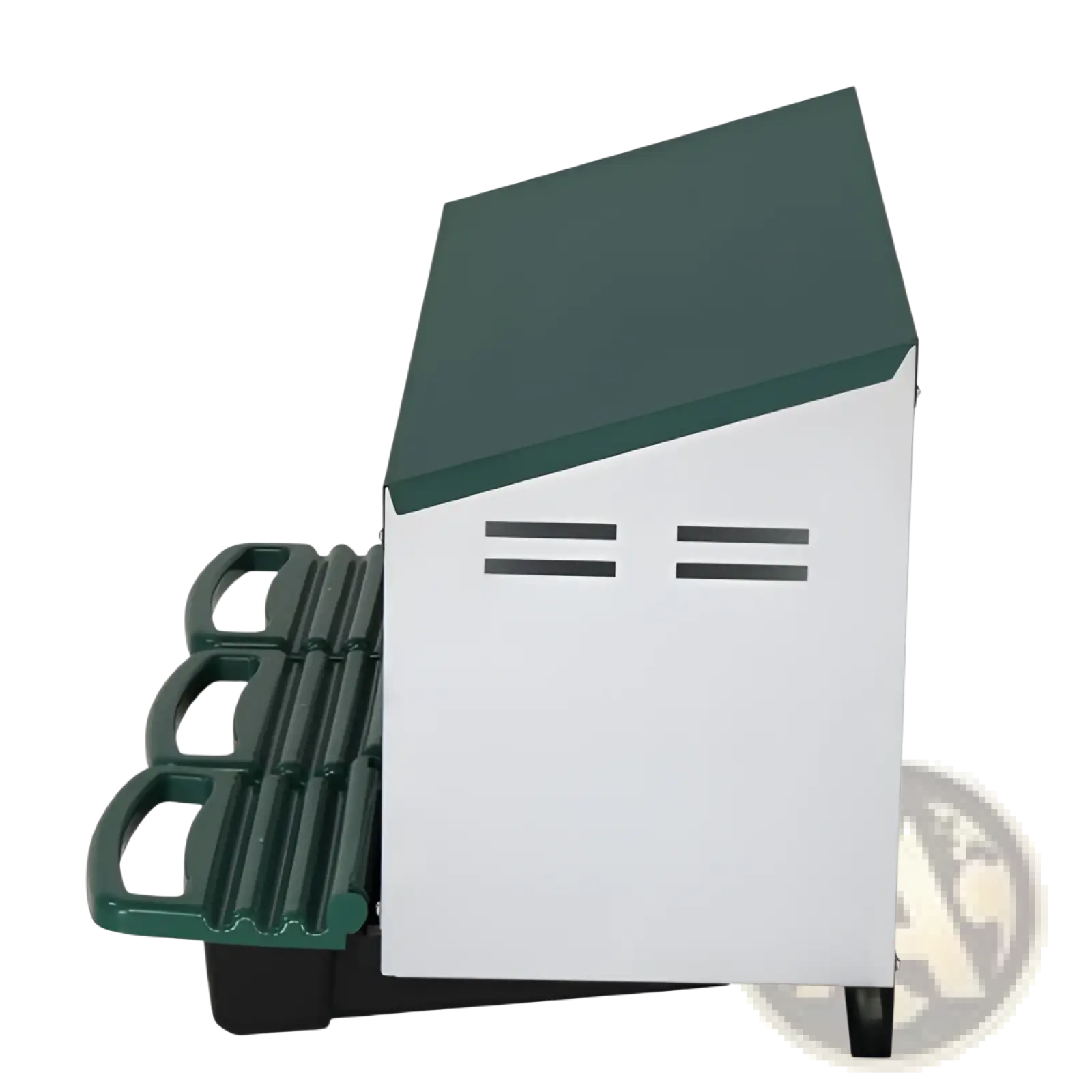 Green and white plastic 3 compartment chicken nesting box with roll out trays and three side handles for easy carrying