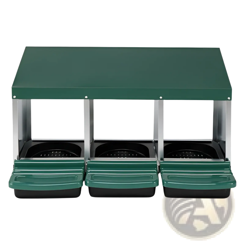 Green three-compartment outdoor trash can with black plastic bins and metal frame for organized waste disposal