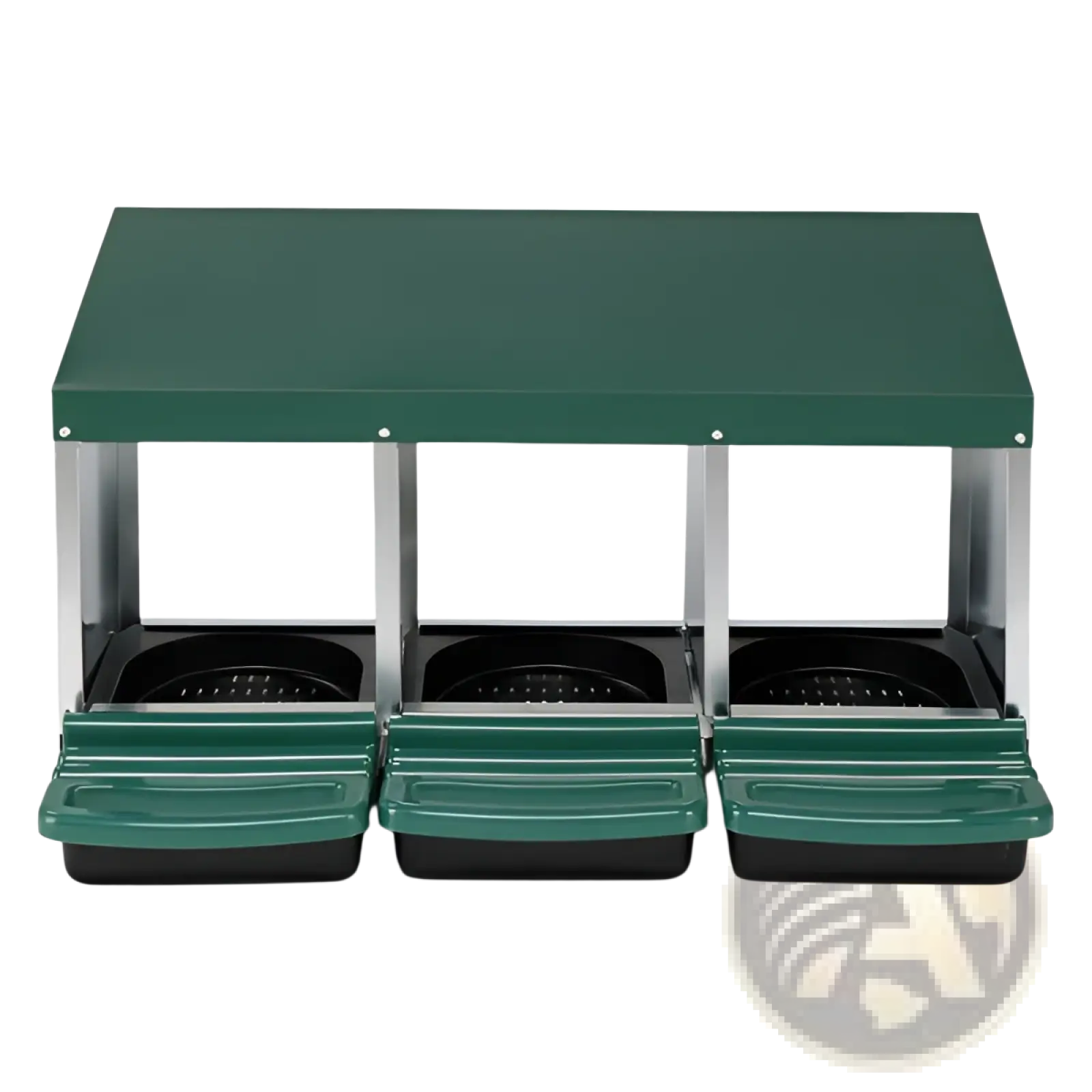 Green three-compartment outdoor trash can with black plastic bins and metal frame for organized waste disposal